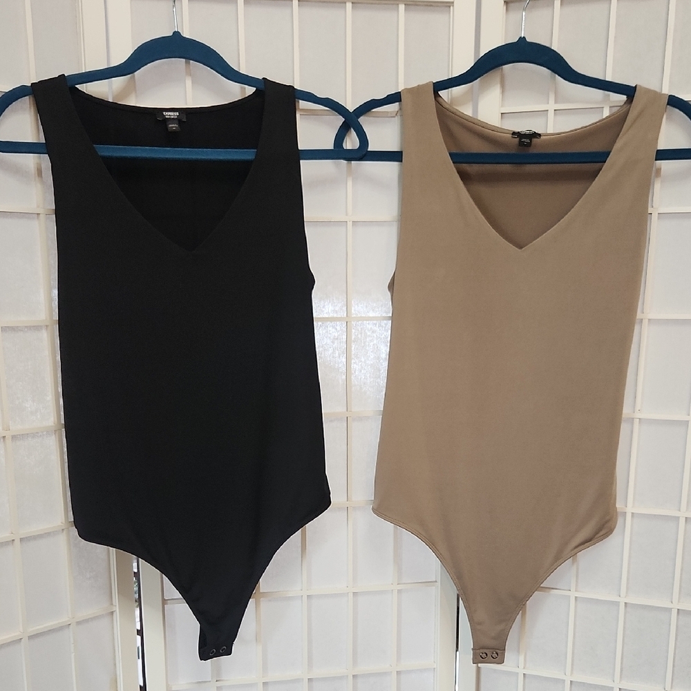 Express Fitted Sleeveless Bodysuits Black and Tan